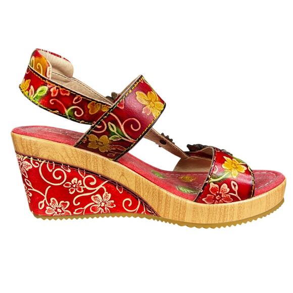 L’artiste By Springstep Quintero Red Floral Wedge Sandal Size 39 US 8.5 - Picture 3 of 10